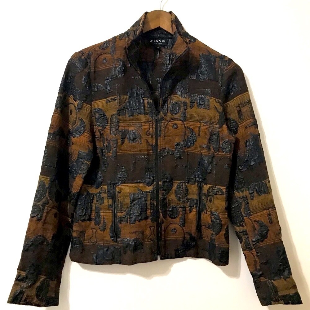 J’ENVIE New York Vintage Tan Metallic Black Textured Full Zip Blazer Jacket 6